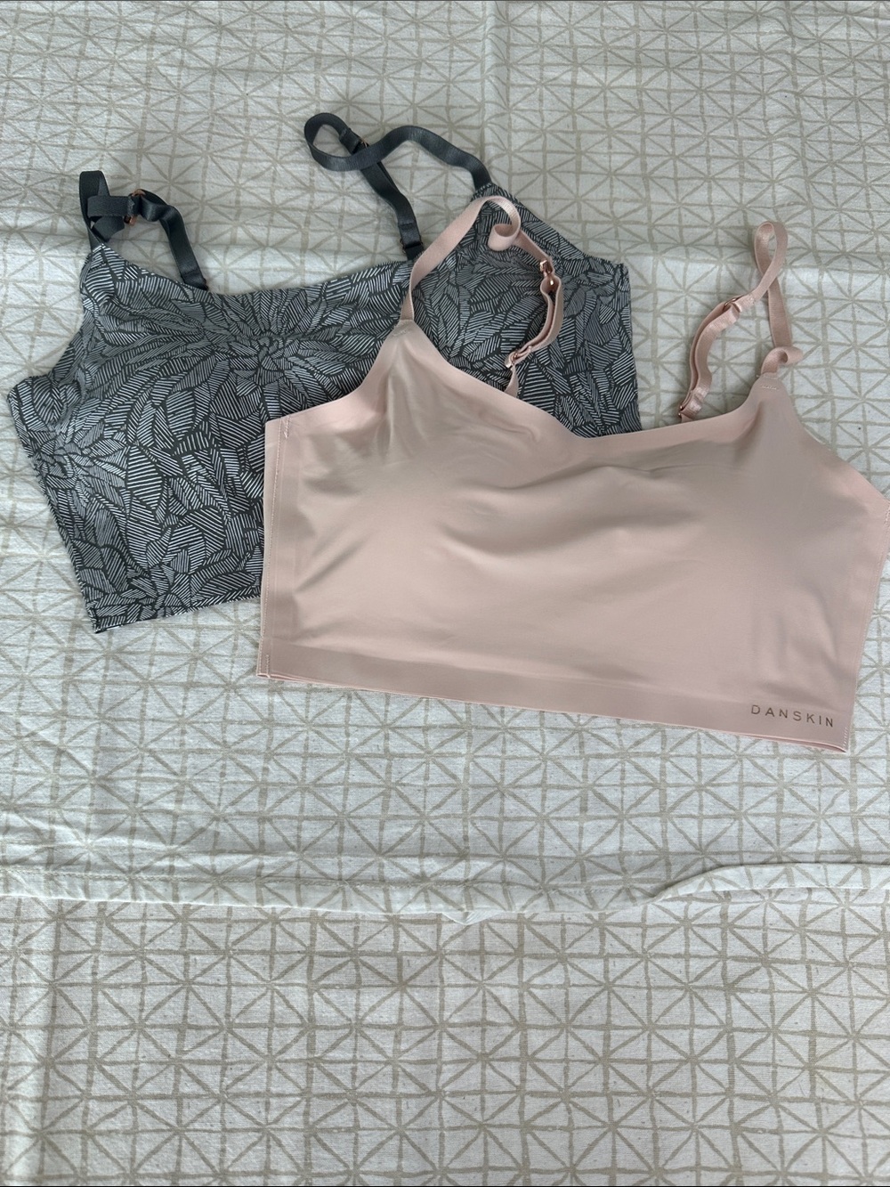 Danskin Duo Seamless Bralettes in Blush Pink and Charcoal Leaf